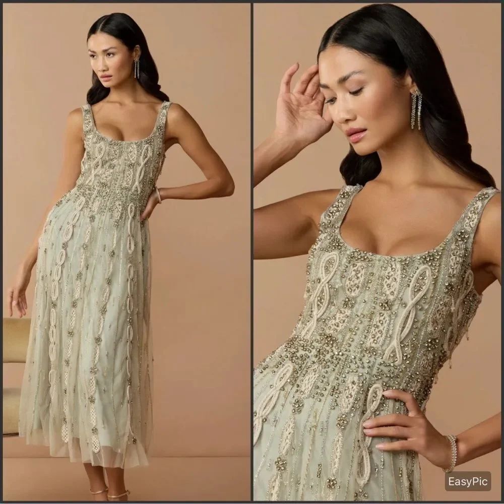MAC DUGGAL 10078 Green Embellished Mesh Sleeveless Scoop Neck Midi Dress Size 8
